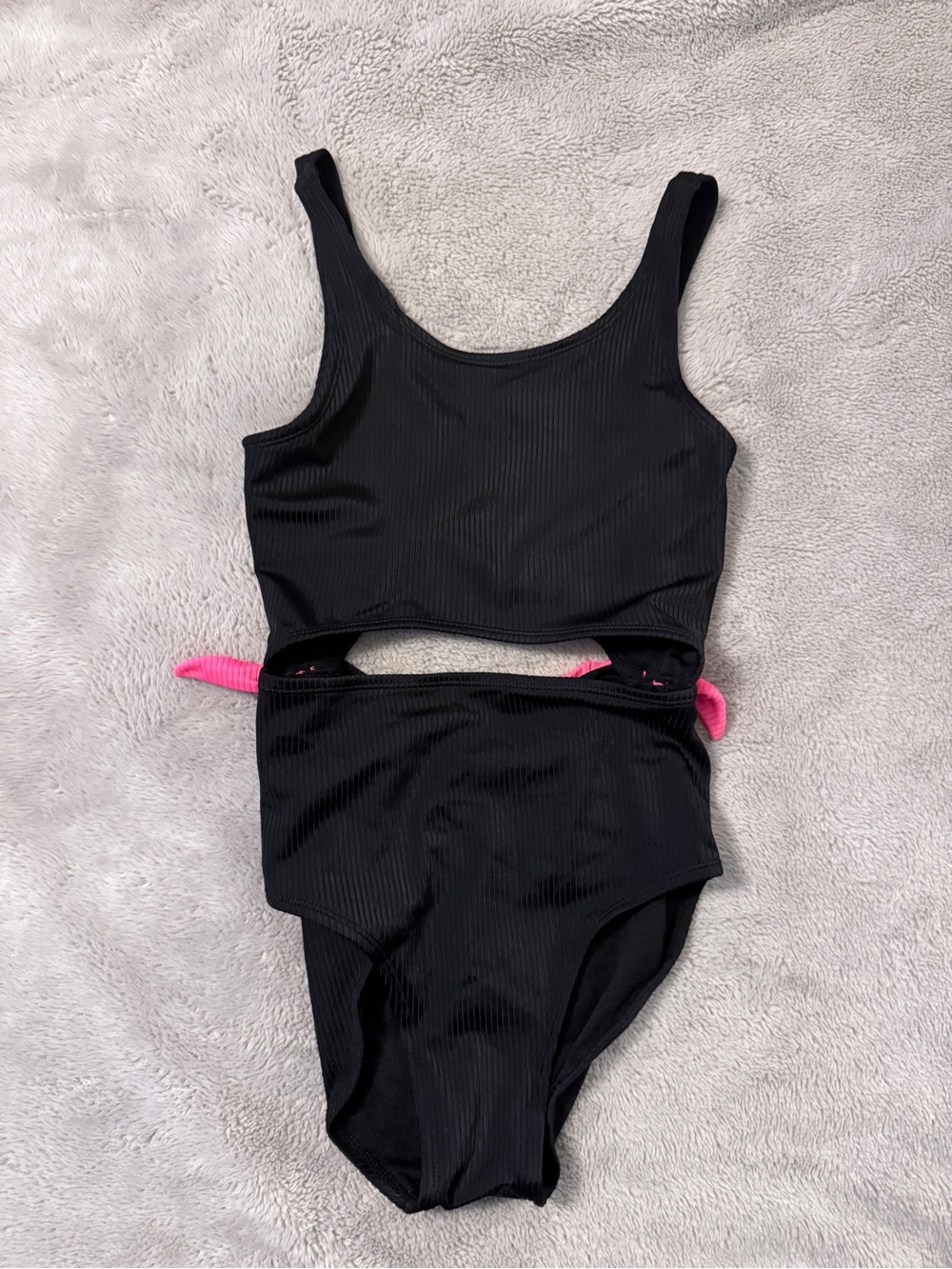 Cat & Jack Girls Size L (10/12) Black Ribbed Cutout One-Piece Swimsuit Pink Ties